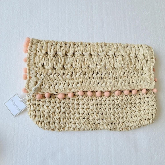 New SHIRALEAH Women’s LINDA Clutch Purse Straw Pink Woven Jute Pom Natural - Picture 1 of 9